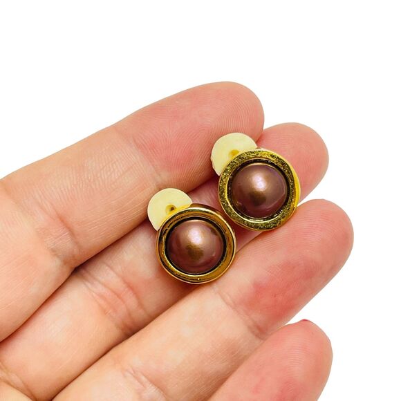 Vintage gold tone faux pearls designer clip on earrings